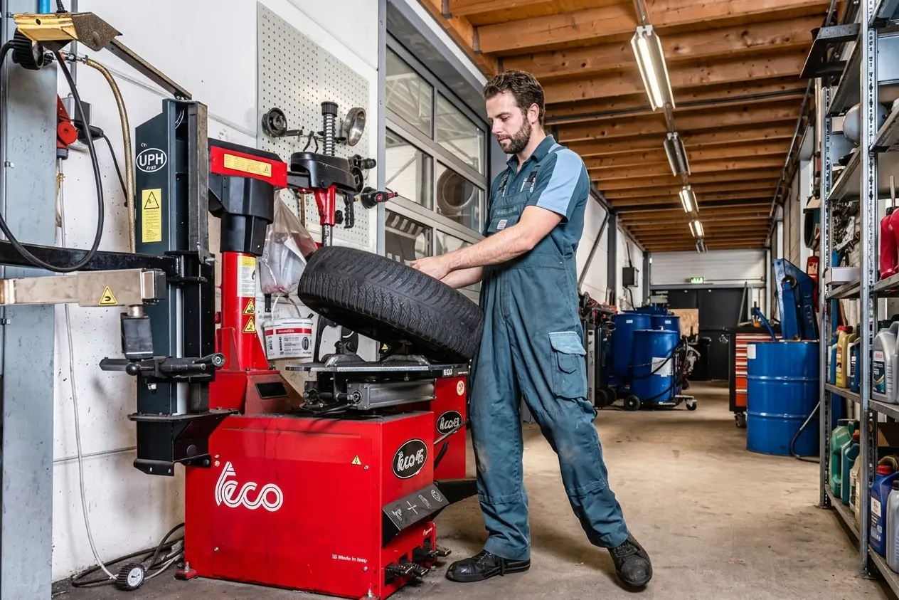 Monteur bij banden automaat voor banden service Bosch Car Service Houten