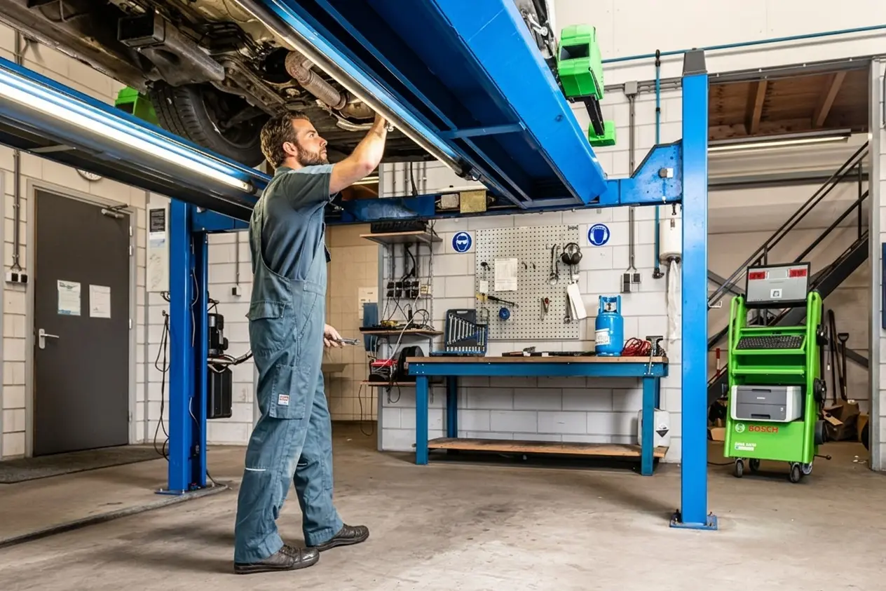 Monteur staand onder oprij brug Bosch Car Service Nieuwenhuijsen Houten