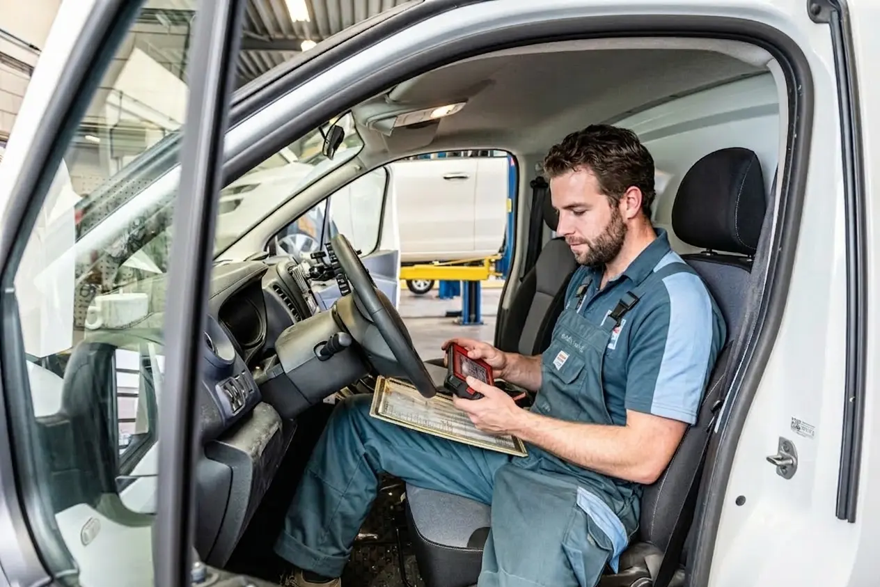 Monteur zittend in auto voor analyse Bosch Car Service Houten